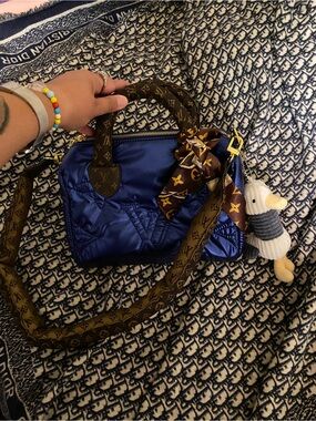 Shiny Blue Nylon Crossbody Bag with Monogram Trim